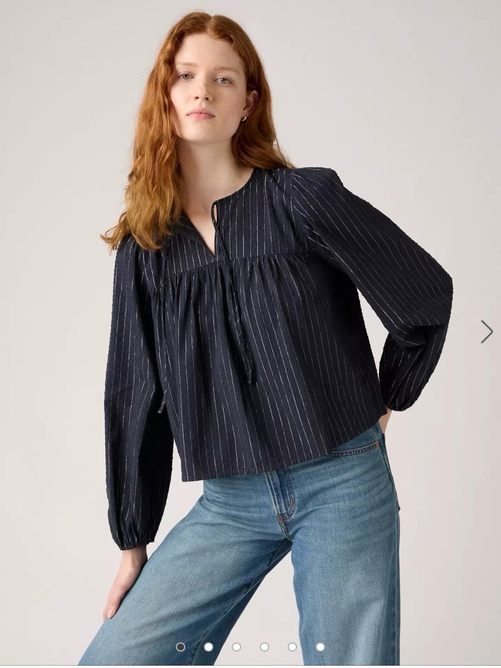 NWT Levi’s Josephine Blouse M Black Metallic Stripe Tie Neck Long Sleeve Relaxed